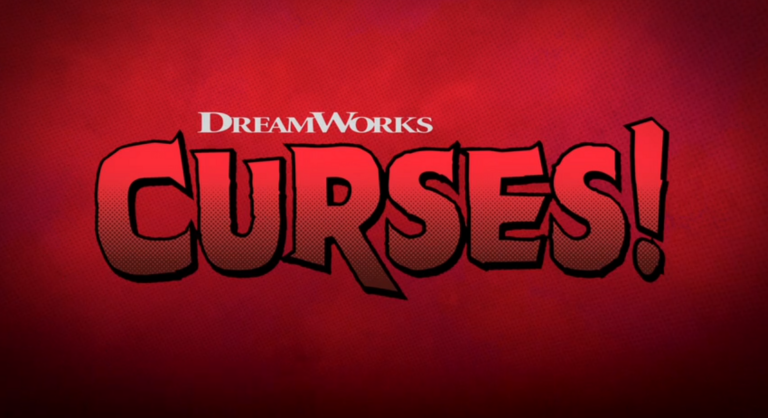 Screengrab of the opening title screen for Dreamworks Curses. Large red letters on a red background